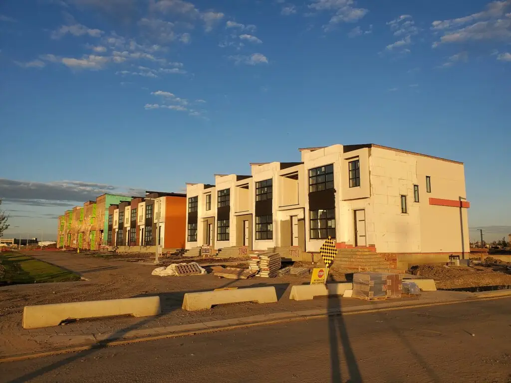 Row of new homes under construction in the Blatchford neighbourhood of Edmonton