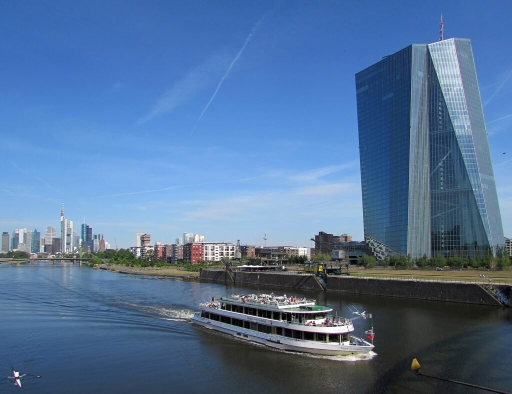 The European Central Bank headquarters tower in Frankfurt, Germany